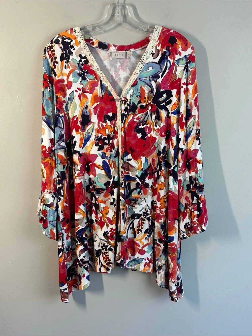 Logo by Lori Goldstein Floral Printed Cardigan Ruffles Lace Size XL